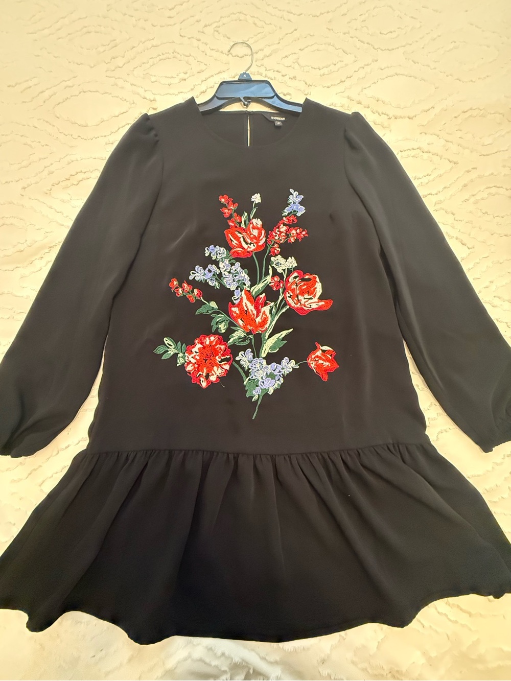 Express Black Long-Sleeve Dress with Red Floral Embroidery